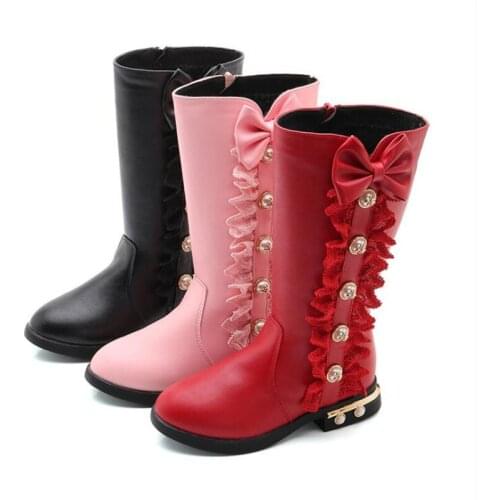 Girls High Boots Winter 2021 new Korean Children Kids Plus Velvet Little Girl Princess Martin Boots Bowtie