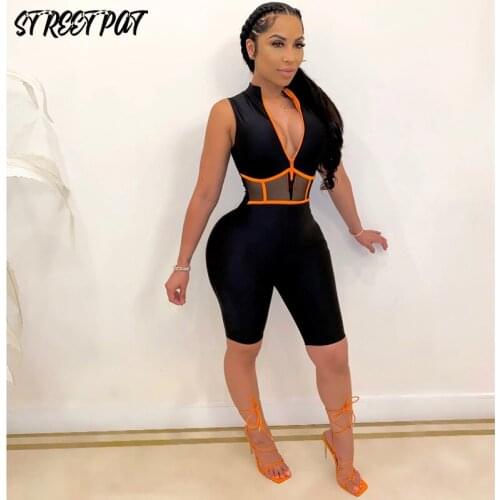 Sexy Streetwear Summer Rompers Womens Jumpsuit Shorts Femme 2021 Bodycon Black Zipper One Piece Outfit Playsuit Fitness