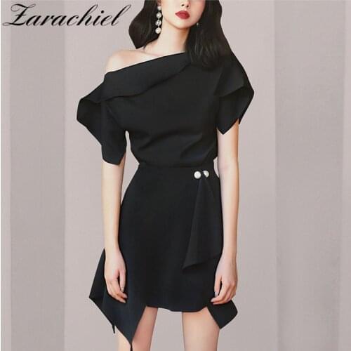 Women Elegant Off Shoulder Tops + Pearls Draped Skirt Outfits 2019 Summer Office Lady Short Sleeve Black Ruffles Skirt and Top