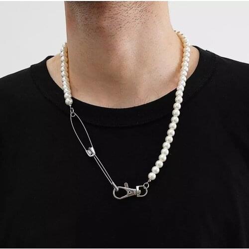 Purui Pin Link Lock Men Pedant Necklace Vintage Baroque Pearl Beads Chain Choker Necklace for Women New Fahion Lovers Collar