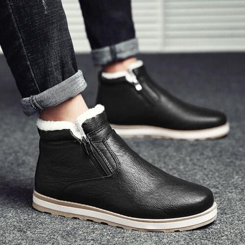 2021 Winter Snow Boots Solid Color Ankle Boots for Male Casual Round Toe Shoe Man Short Plush Slip-On Fashion Male Footwear