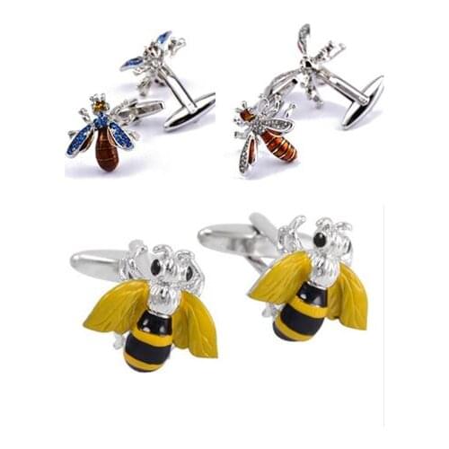 10pairs/lot Enamel Crystal 3D Bee Cufflinks Brass Blue/White Rhinestone Bee Cuff links Shirt Cufflinks Mens Jewelry