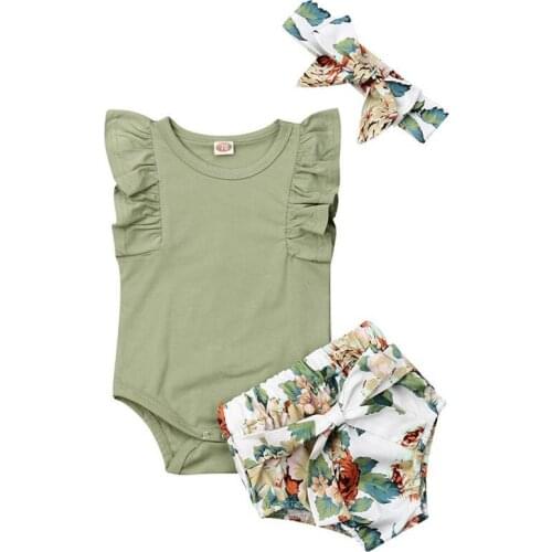 3Pcs Newborn Infant Baby Girls Clothes Ruffle Sleeve Romper Floral Shorts Outfit with Bow Floral Headband