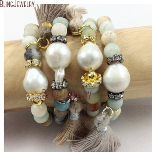 Mat Amazonite Baroque Pearl Cotton Tassel Bracelet BM26434