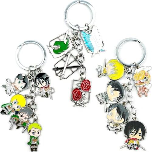 4 in 1Set Anime Attack on Titan Scouting Legion Keychain Keyring Cartoon Figure Alloy Metal Pendant Key Ring Cosplay Accessories