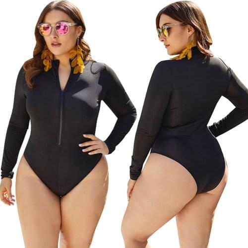 Black Sports Zipper Long-Sleeved Triangle One-Piece Swimsuit New Slim Slimming Hot Spring Plus Size Swimsuit Swimwear 5XL SW250