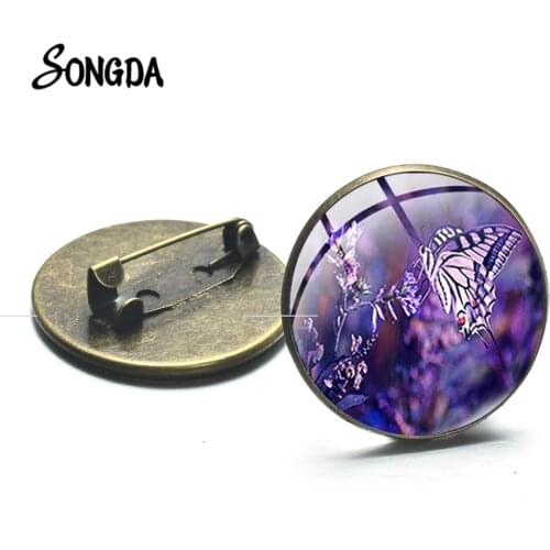 Purple Lavender Butterfly Brooch Lovely Flowers Pattern Glass Dome Bronze Plated Badge Pin Plant Series Coat Accessories