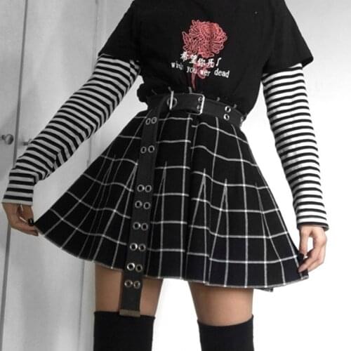 Gothic Black Lolita Skirt Punk a Line Plaid Pleated Skirt Grunge High Waist Academia Girl Skirts Streetwear