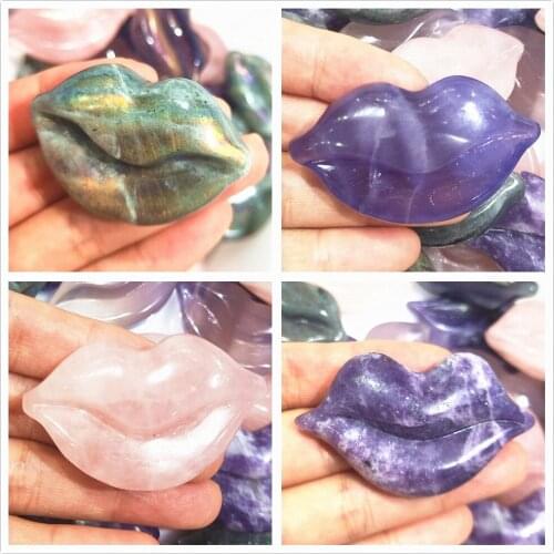 Crystal Lip Natural Purple Labradorite Gemstone Mouth Rose Quartz Bazoo Healing Reiki Gift 1pcs