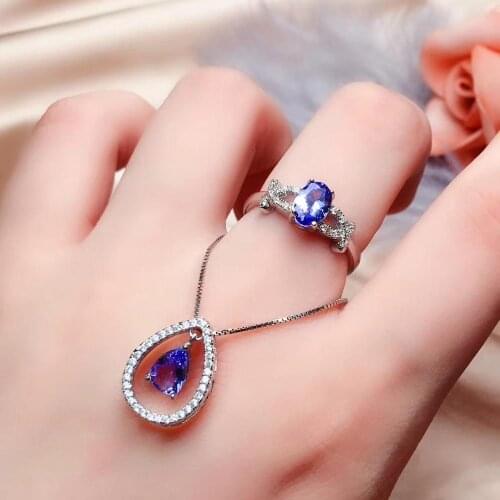 Best Gift Natural and Real Tanzanite jewelry set 925 sterling silver 1pc Tanzanite pendant,1pc Tanzanite ring
