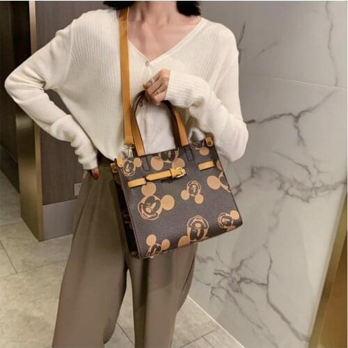 Disney cartoon Mickey lady large-capacity printing pu fashion retro handbag girl wild one-shoulder wide diagonal bag