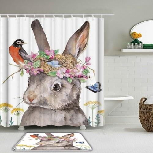 Cartoon Cute Cat Dog Rabbit Bulldog Alpaca Shower Curtain Set Non-Slip Rug Toilet Bath Mat Waterproof Polyester Bathroom Curtain