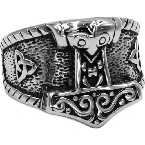 Norse Symbol Myth Thor Hammer Ring 316L Stainless Steel Jewelry Tribal Wolf Celtic Knot Motor Biker Men Ring Classic SWR0758A