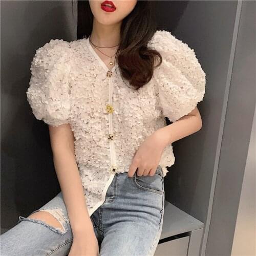 Hi Girl New Summer V neck Chiffon Embroidery Florals Hollow Out Buttons Blouse Short Sleeve Lace Loose Sweet Shirt Blusa Femme