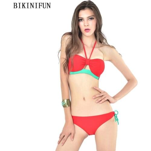 New Sexy Solid Red Patchwork Bikini Women Swimsuit Backless Halter Bathing Suit S-L Girl Side Tied Swimwear Micro Bikini Set