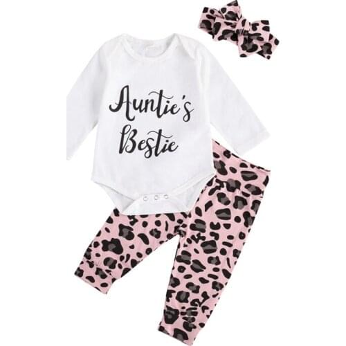 Autumn 0-18M Newborn Baby Girl Clothes Set Letter Long Sleeve Romper Jumpsuit Tops Leopard Print Pants Headband Outfit