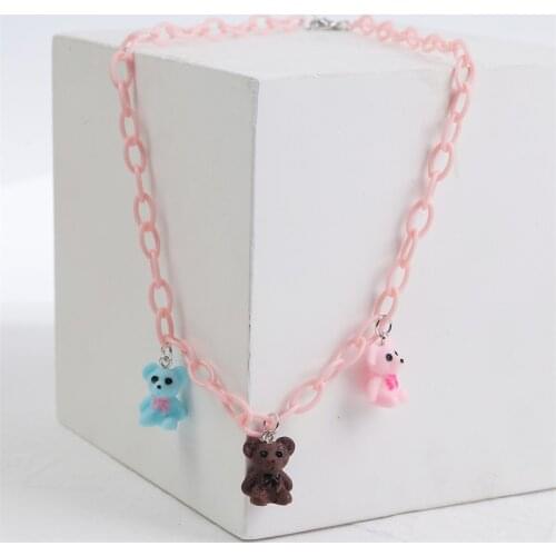 Korean Style Ladies Cute 3 Color Resin Bear Pendants Necklaces For Women Girls Pink Acrylic Link Chain Necklace Party Jewelry