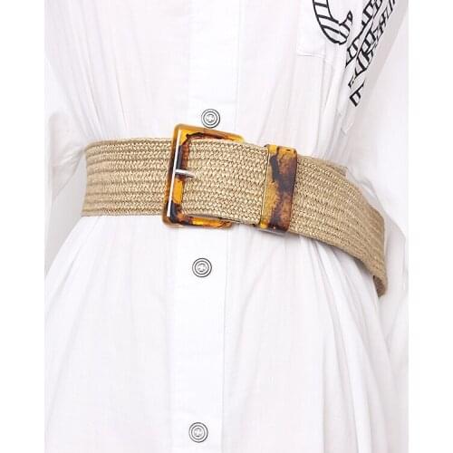 Braided Belt with Wooden Buckle Ladies Casual Solid Luxury Fashion Dress Summer High Quality Woven Women straw Belt Wood BZ123