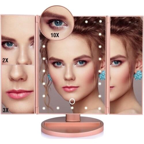 LED Mirror Touch Screen 22 Lights Makeup mirror Magnifying Vanity 3 Folding Table Desktop Mirror light 180 ˚Rotating Adjustable