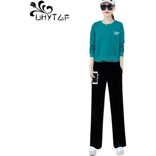 UHYTGF Women Tracksuit Pullover Top + Wide Leg Pants Casual Students Spring Autumn Two-Piece Set Korean Fashion Female Suit 1481