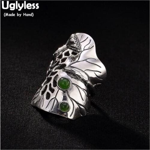 Uglyless Real 925 Sterling Silver Women Fine Jewelry Sets Exaggerated Big Lotus Leaf Open Rings Personalized Hollow Bangles Jade