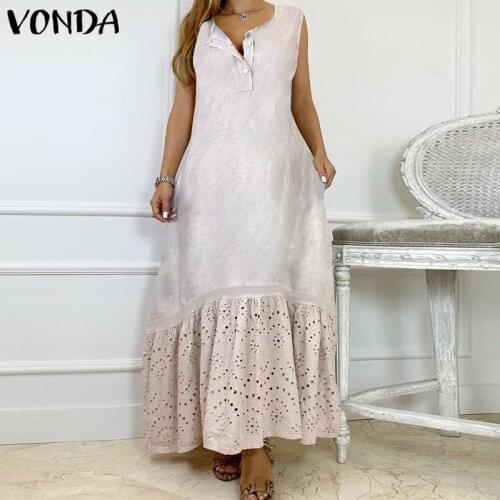 Women Lace Ruffled Dress 2021 VONDA Elegant Sleeveless Button Up Long Maxi Dress Beach Casual Robe Femme Pleated Vestido
