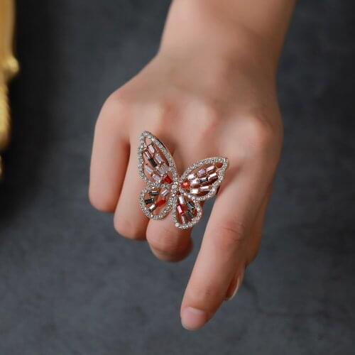 Starry Bling Hollow Colorful White Zircon Red Black Butterfly Insect Golden Silver Plated Adjustable Rings for Women