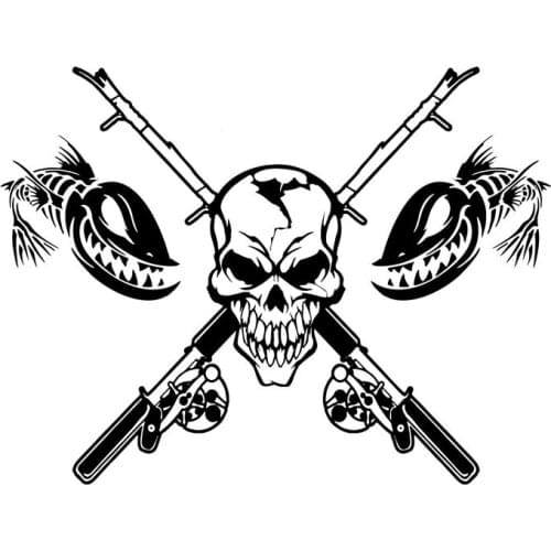 17.7CM*23.4CM Personality Skull Cast Fishing Pole car Stickers Reflective Waterproof Vinyl Decals C7-0497