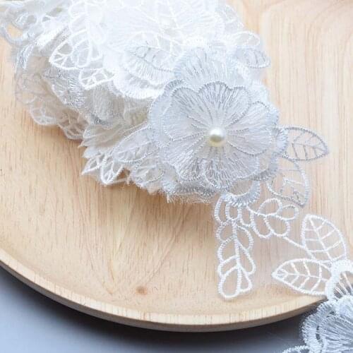 20Yards Pearls Flower Embroidered Lace Trim White Fabric Ribbon Wedding Applique DIY Manual Sewing Supplies Craft Decoration