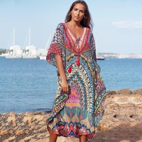 2021 Quick-drying Bikini Cover-ups Bohemian Printed Summer Dress Kaftan Long Red Tunic Women Beach Wear Swim Suit Cover Up Q897