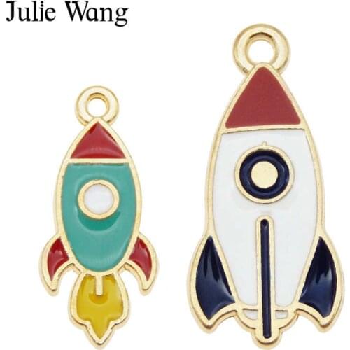 Julie Wang 6PCS Enamel Space Rocket Charms Alloy Aviation Gold Tone Necklace Bracelet Earrings Jewelry Making Accessory