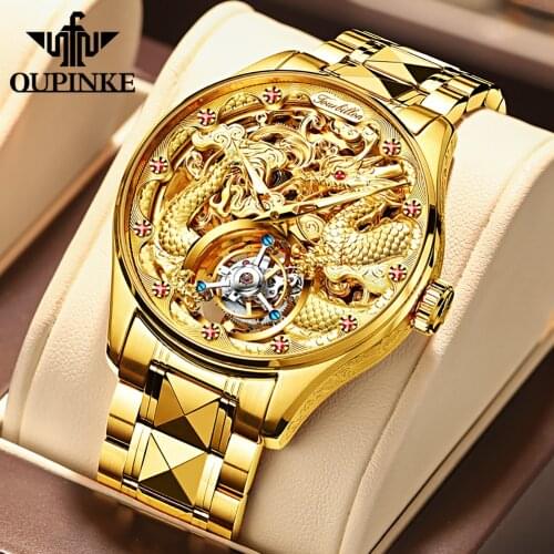 OUPINKE Real Tourbillon Mechanical Skeleton Watch Gold Sapphire glass Watches Rotary Hand Wind Wristwatch Man Clocks 3176G