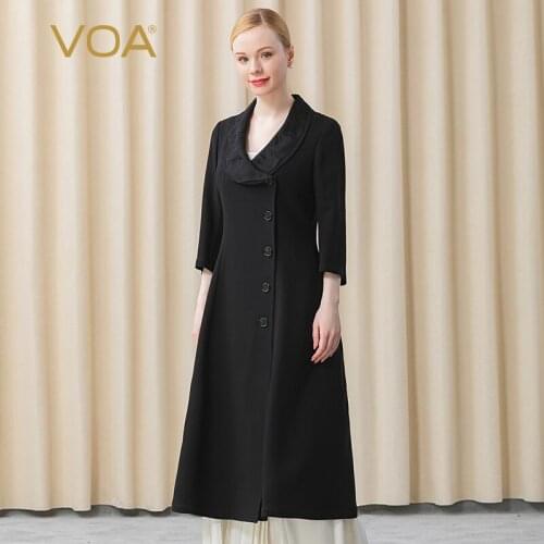 VOA Silk Yarn Flowing Black 60m/m Heavy Single-breasted Trench Coat with Crisp Big Swing and Seven-point Sleeves FE112