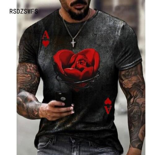 Rose Hearts Poker Pattern Skull Printed T-Shirt Men Street Style Trendy Short Sleeve Casual Round Neck Oversize Sports Male Tees