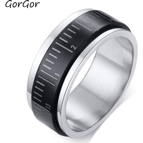 GorGor 2020 High Quality Titanium Steel Ruler Type Can Be Rotatabled Black Color Rings for Fashion Men Jewelry Gift R-522
