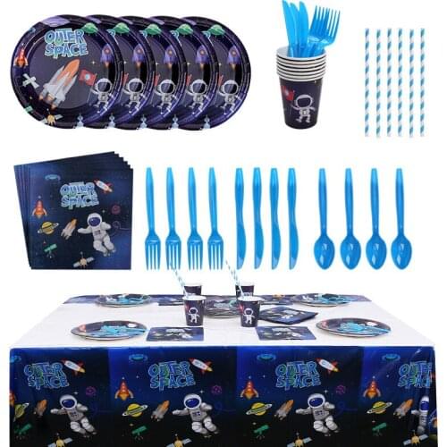 Outer Space Party Decor Astronaut Rocket Paper Cup/Napkin/Plates Disposable Tableware Set Boy Kids Happy Birthday Party Supplies