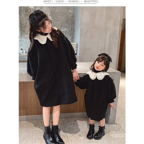 New Korean style winter turn down collor long section woolen loosen jacket outwear for girls and women Mom-daughter clothing