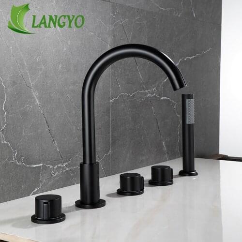 LANGYO 5Pcs Brass Bathroom Tapware Bathtub Faucet Black/Gold Bath Faucets Deck Mounted Handheld Tub Mixer Taps With Hand Shower