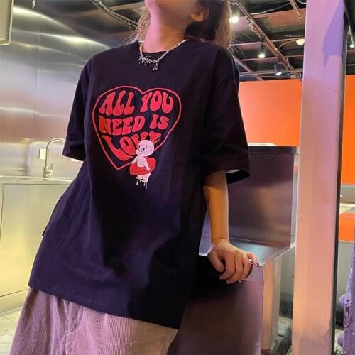 All You Need is Love Cute Cartoon Printed Unisex Short Sleeve Tshirt Summer Cotton Hipster Shirt Loose Round Neck Harajuku shirt