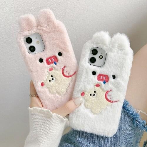 Cute Cartoon Pig Hug Bear Plush Phone Case For iPhone 11 12 Pro XS Max X XR 7 8 SE Winter Warm hands Soft Shockproof Back Cover