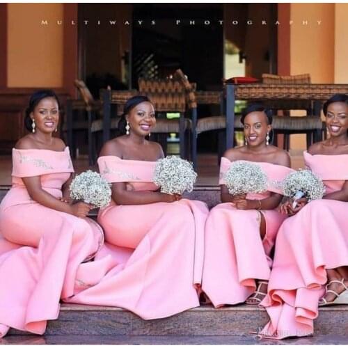 Pink Cheap Bridesmaid Dresses Under 50 Mermaid Off The Shoulder Appliques Wedding Party Dresses