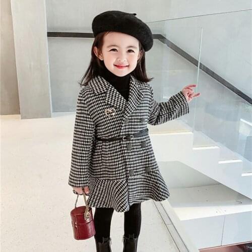 Autumn/Winter Girls Coats Baby Western Style Children Personality Korean Version of Houndstooth Thick Quilted Woolen Coat