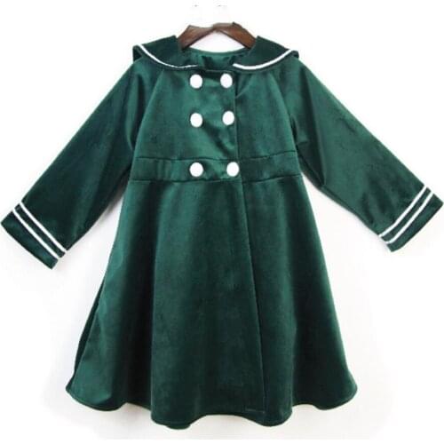 Girls Spanish Princess velvet Dress Children sailor collar Baby kids Long Sleeve Green Dress For autumn