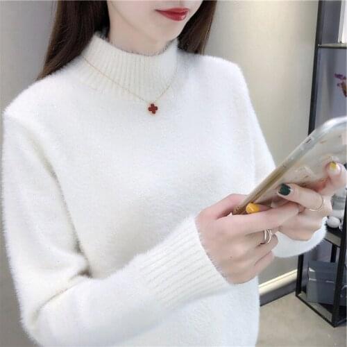 JMPRS Pullover Women Sweater Winter Thick Faux Fur Half Turtleneck Knitted Jumper Autumn Loose Solid Fashion Warm Tops 2021