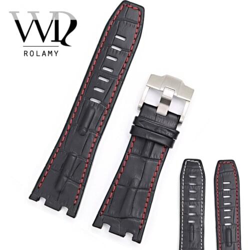 Rolamy 28mm Black Real Leather Thick Wrist Watch Band Strap Belt With Silver Buckle For Audemars Piguet 42mm Royal Oak Offshore