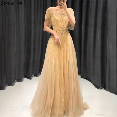 Serene Hill Gold A-Line Luxury Evening Dresses Gowns 2021 Tassel Beading A-Line For Women Party LA70908