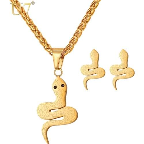 U7 Rhinestone Snake Pendant Necklace & Earrings Women Gold Color/Stainless Steel Animal Jewelry Set Gift Wholesale S1010