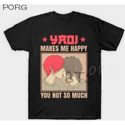 Yaoi Makes Me Happy Boy Love Kiss Fujoshi Danmei Japanese Otaku Black T-shirt Men Fashion T-Shirt Short Sleeves Casual Clothes