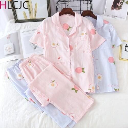Japanese Summer New Women Pajamas Two-piece Cotton Gauze Short-sleeved Long Pants Pyjamas Femme Peach Print Home Service Suit
