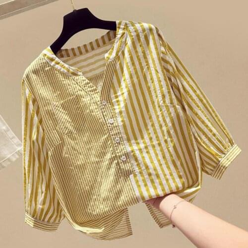 Spring Autumn Womens Blouse Korean Style Striped Stitching V-neck Top New Loose and Versatile Three-quarter Sleeve Tops LL480